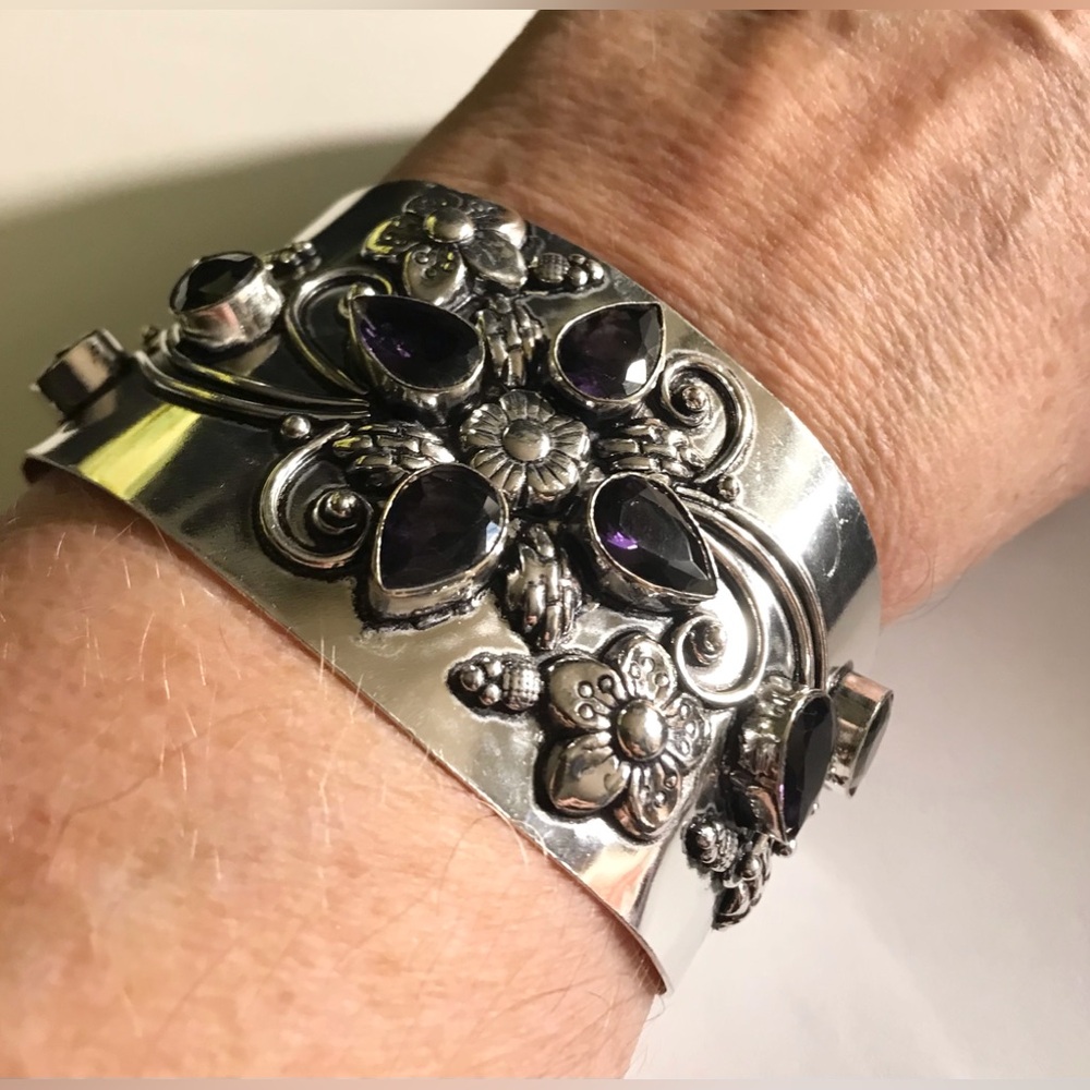 Amethyst Stamped 925 Sterling Silver Cuff Bracelet